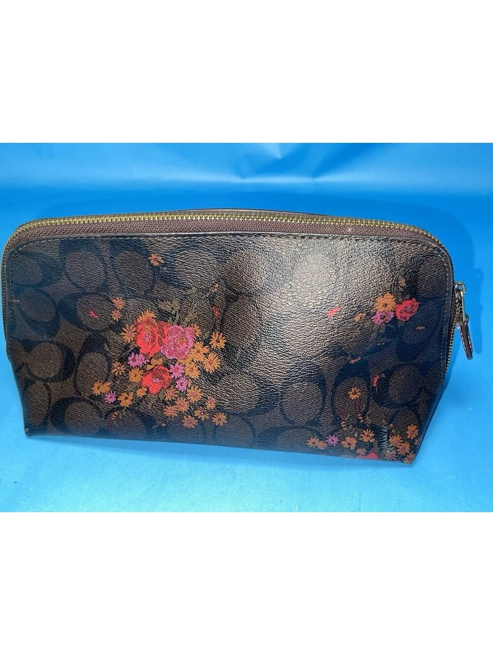 Coach Signature Floral Cosmetic Makeup Case Zip Pouch Brown Pink Women’s